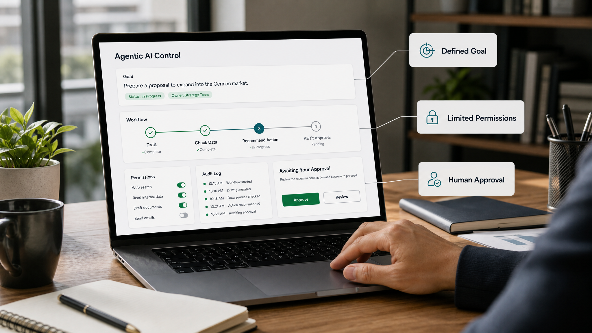 Autonomous AI agents control screen showing defined goals, limited permissions, and human approval