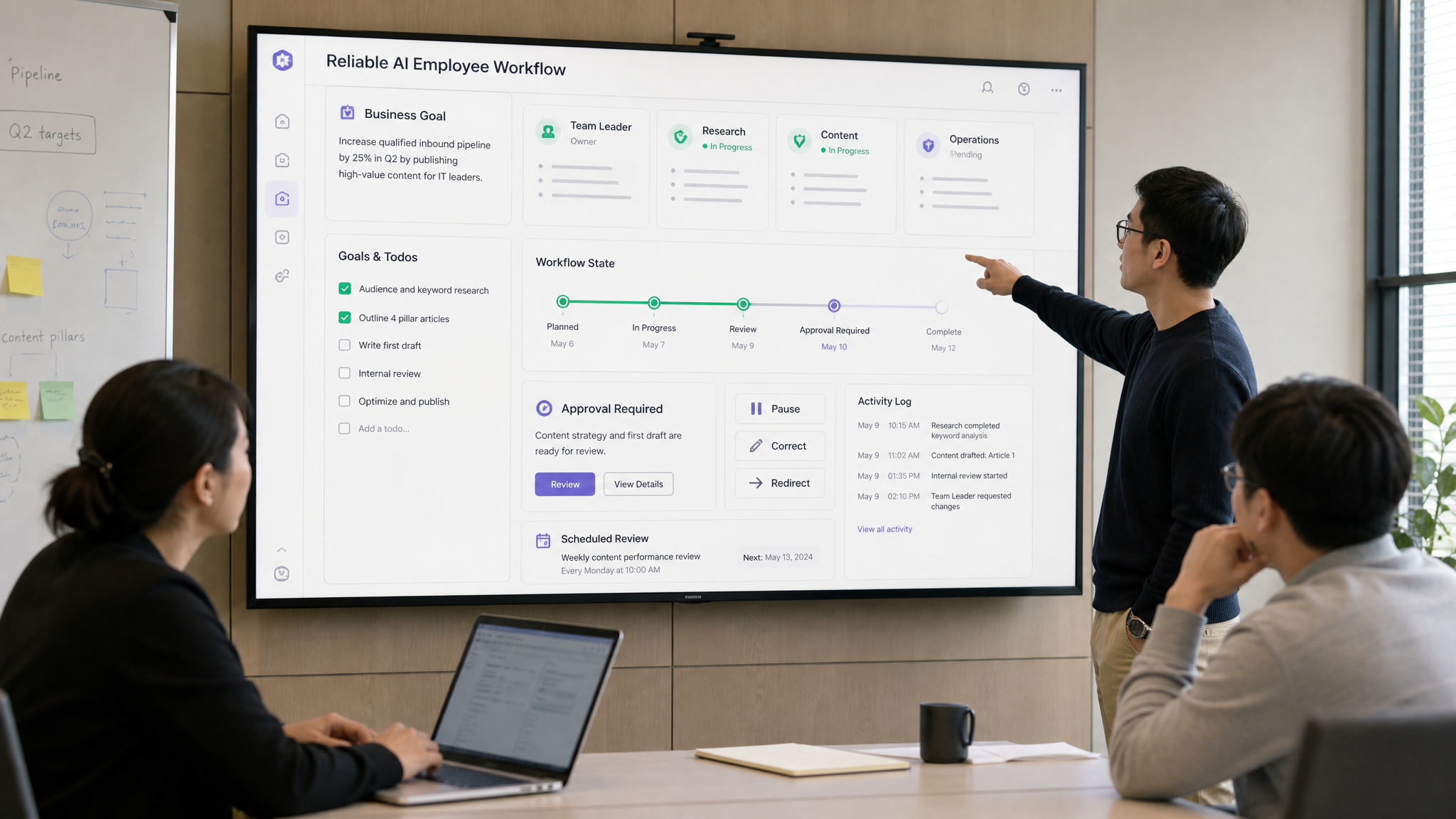 Reliable AI employee workflows dashboard showing visible state, approval requests, and role-based work