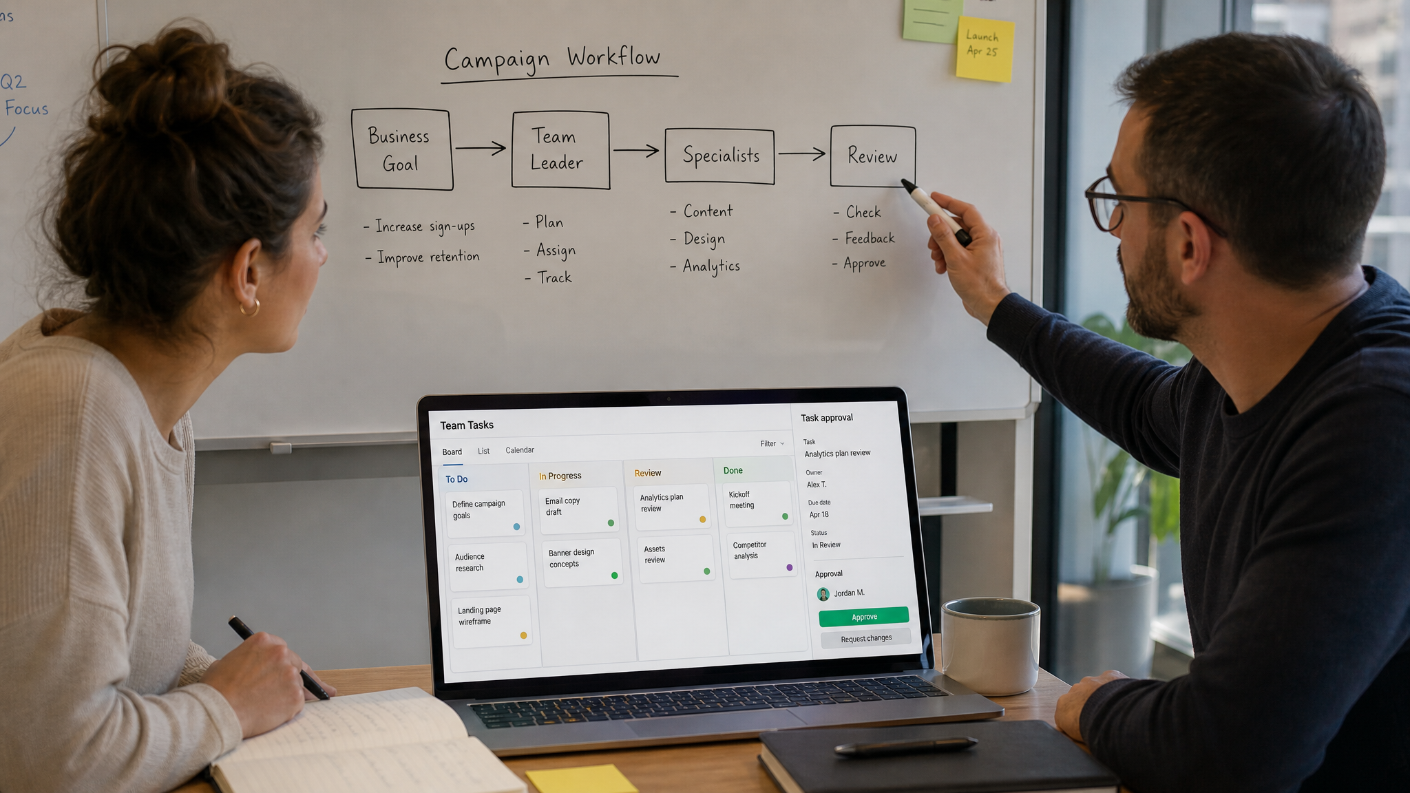 AI agent platform workflow example showing a campaign goal split into team tasks and review steps