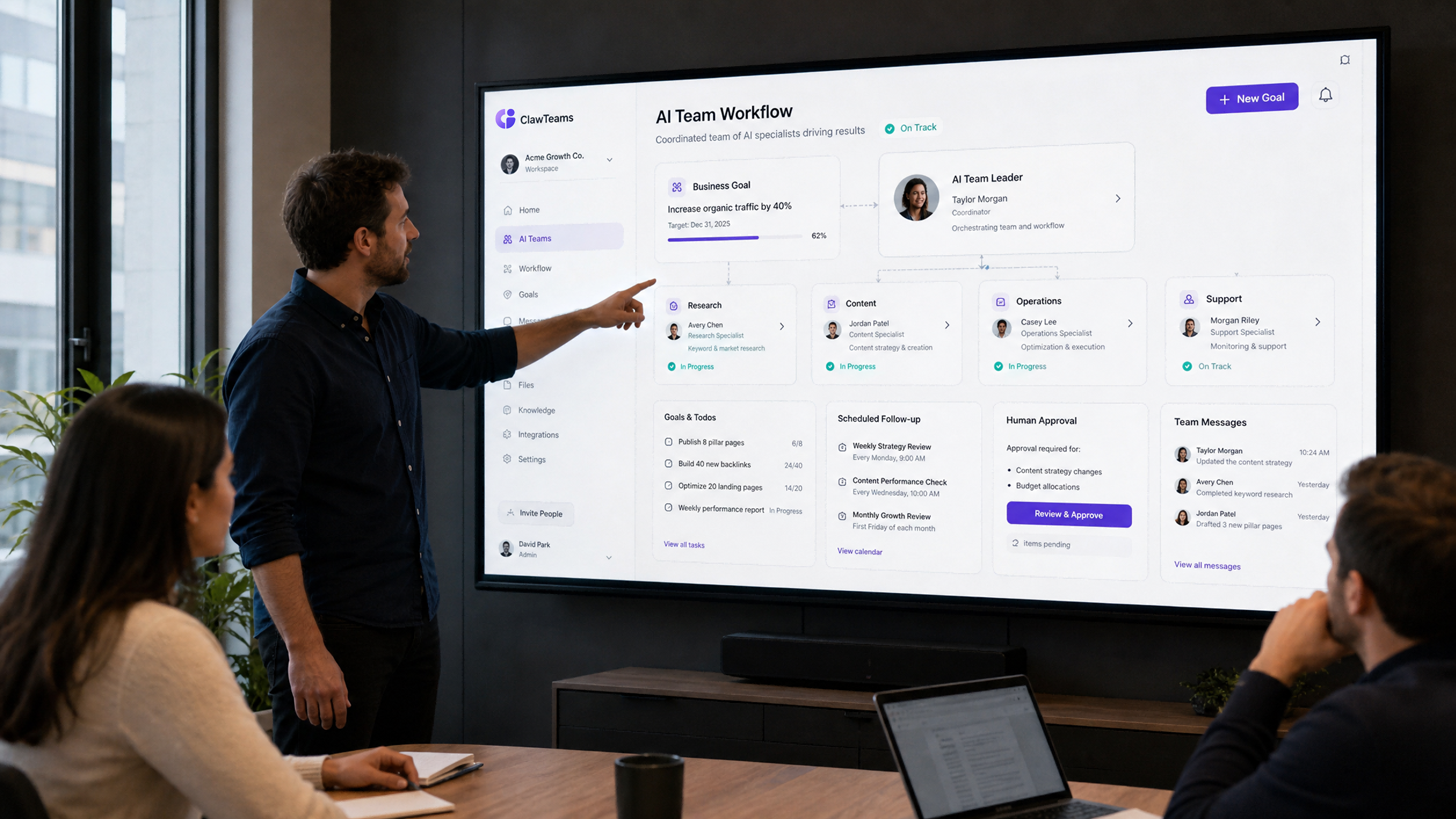 AI teams workspace showing an AI Team Leader coordinating specialist roles around shared goals and tasks